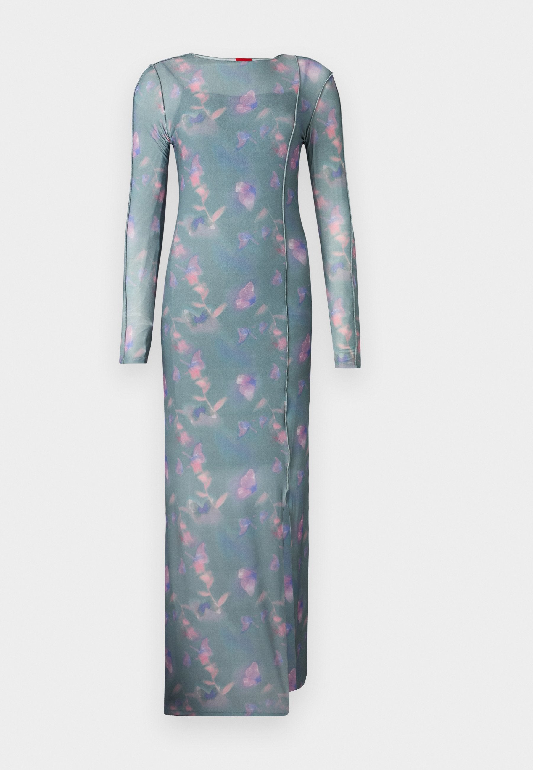Langärmliges, tailliertes Kleid aus durchsichtigem, türkisfarbigem Stoff mit floralem Muster in Rosa und Lila. Verfügt über einen Rundhalsausschnitt und Seitennähte.