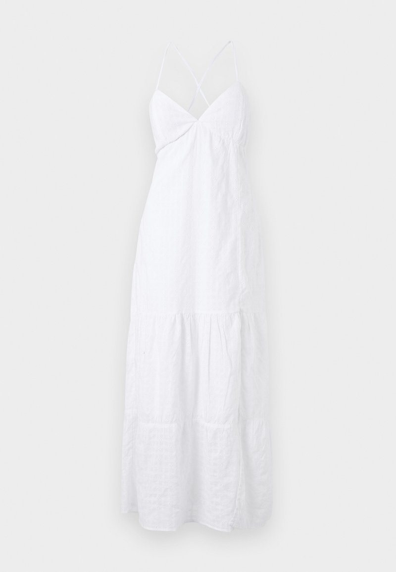 Weißes Sommerkleid mit dünnen, über Kreuz verlaufenden Trägern, einem taillierten Oberteil und einem gestuften, fließenden Rock. Hergestellt aus leichtem Stoff mit subtiler Textur.