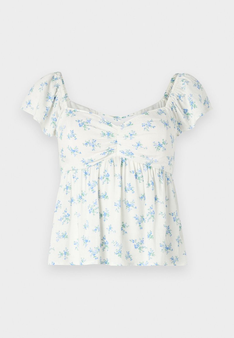 Weißes kurzärmliges Oberteil mit einem floralen Muster in Hellblau und Grün, mit gerafftem Dekolleté und einer lockeren Passform.