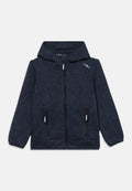 Marineblaue Fleece-Kapuzenjacke mit Frontreißverschluss, zwei Reißverschlusstaschen und einem gefütterten Kapuzen. Verfügt über strukturierten Stoff und ein Logo auf der Schulter.