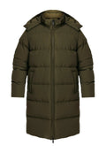 Olivegrüner Puffer-Mantel mit gestepptem Design, Reißverschluss und Kapuze. Verfügt über einen langen, geraden Schnitt und weite Ärmel für Wärme.