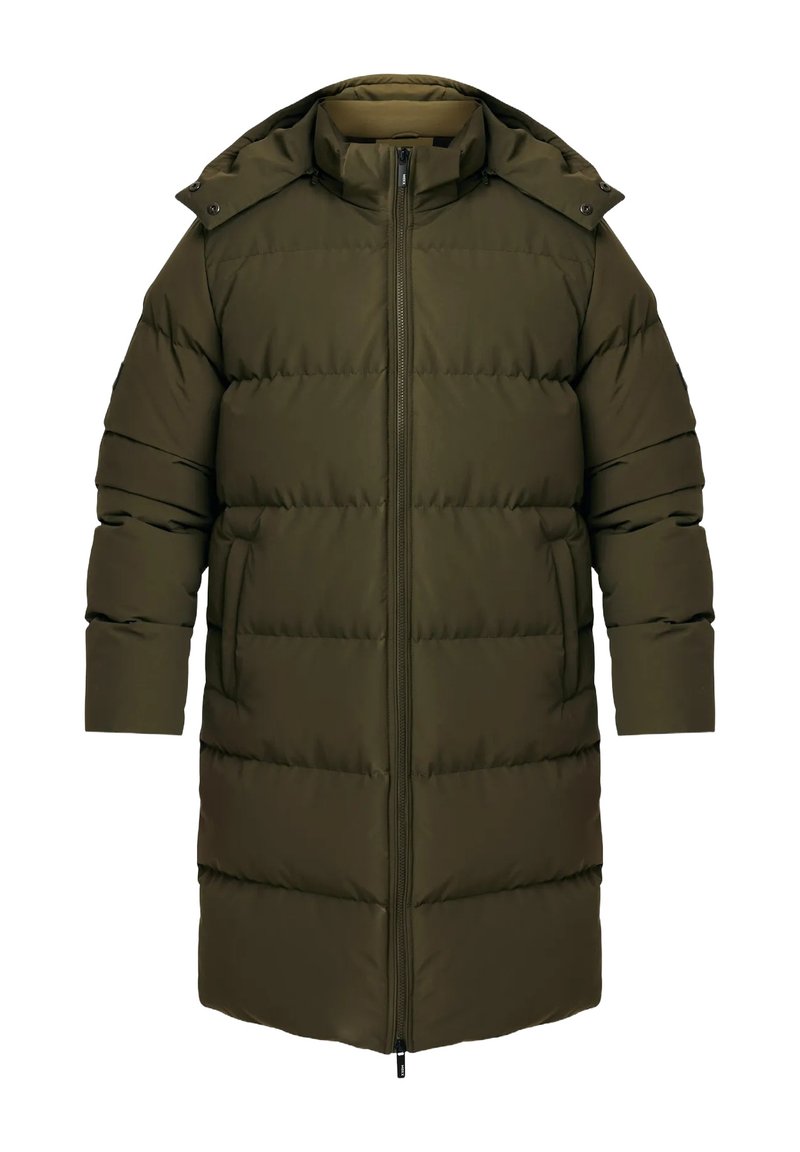 Olivegrüner Puffer-Mantel mit gestepptem Design, Reißverschluss und Kapuze. Verfügt über einen langen, geraden Schnitt und weite Ärmel für Wärme.