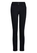 Schwarze Skinny-Jeans mit hoher Taille, Zwei-Knopf-Verschluss und vorderen Taschen. Hergestellt aus einem glatten, elastischen Denim-Stoff.
