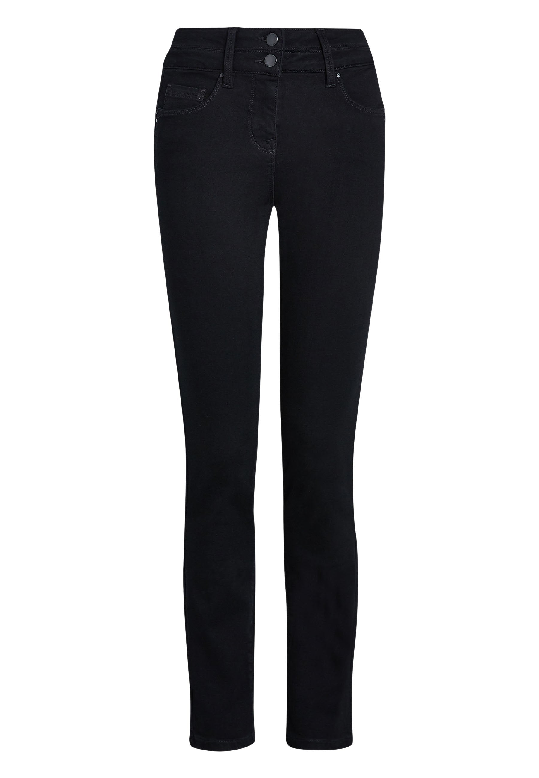 Schwarze Skinny-Jeans mit hoher Taille, Zwei-Knopf-Verschluss und vorderen Taschen. Hergestellt aus einem glatten, elastischen Denim-Stoff.