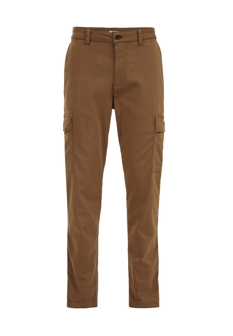 Braune Baumwoll-Cargohosen mit schlanker Passform, ausgestattet mit zwei Seitentaschen und einem Knopfverschluss. Der Stoff hat eine glatte Oberfläche und eine minimalistische Gestaltung.