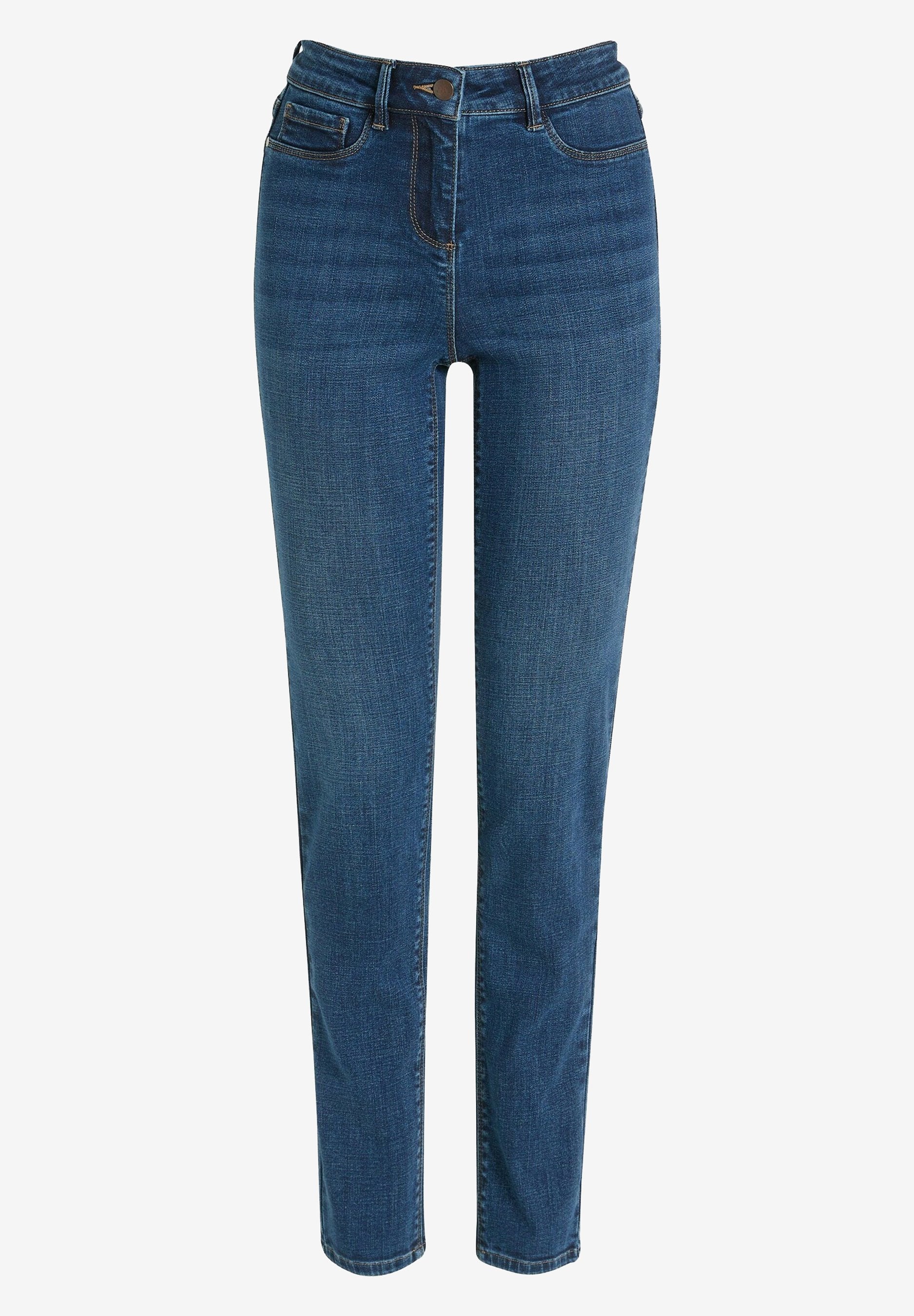 Dunkelblaue Denim-Jeans mit schmaler Passform, hoher Taille, fünf Taschen und kontrastierenden Nähten.