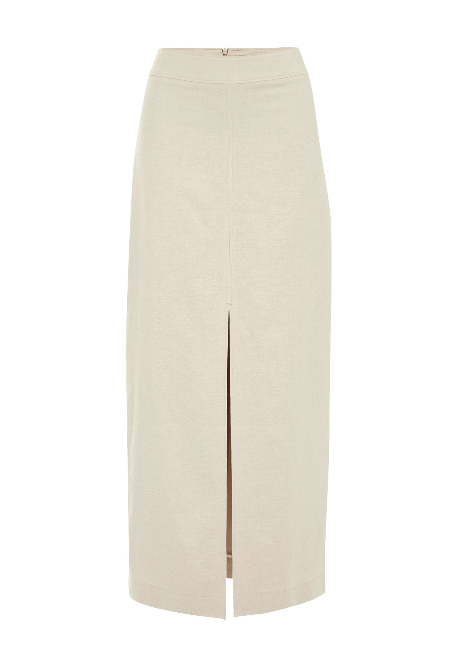 Helle beige Midi-Rock mit geradem Schnitt und einem mittigen vorderen Schlitz. Aus einem glatten Stoff mit einem verdeckten Reißverschluss auf der Rückseite gefertigt.