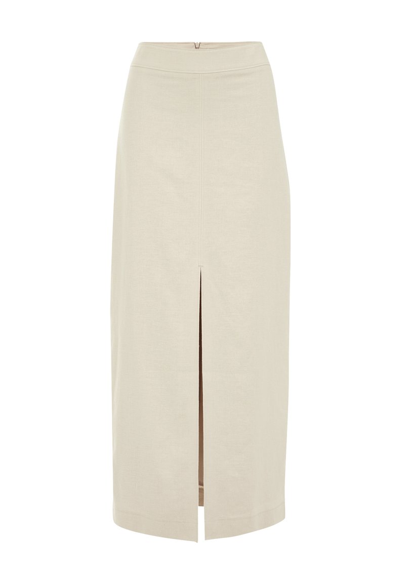 Helle beige Midi-Rock mit geradem Schnitt und einem mittigen vorderen Schlitz. Aus einem glatten Stoff mit einem verdeckten Reißverschluss auf der Rückseite gefertigt.