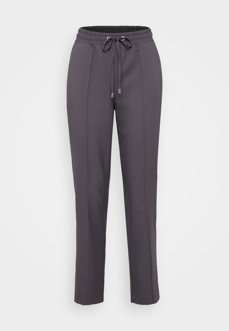 Graue Jogginghosen mit einem elastischen Bund, Kordelzugverschluss und seitlichen Nahtdetails. Hergestellt aus weichem, strukturiertem Stoff.