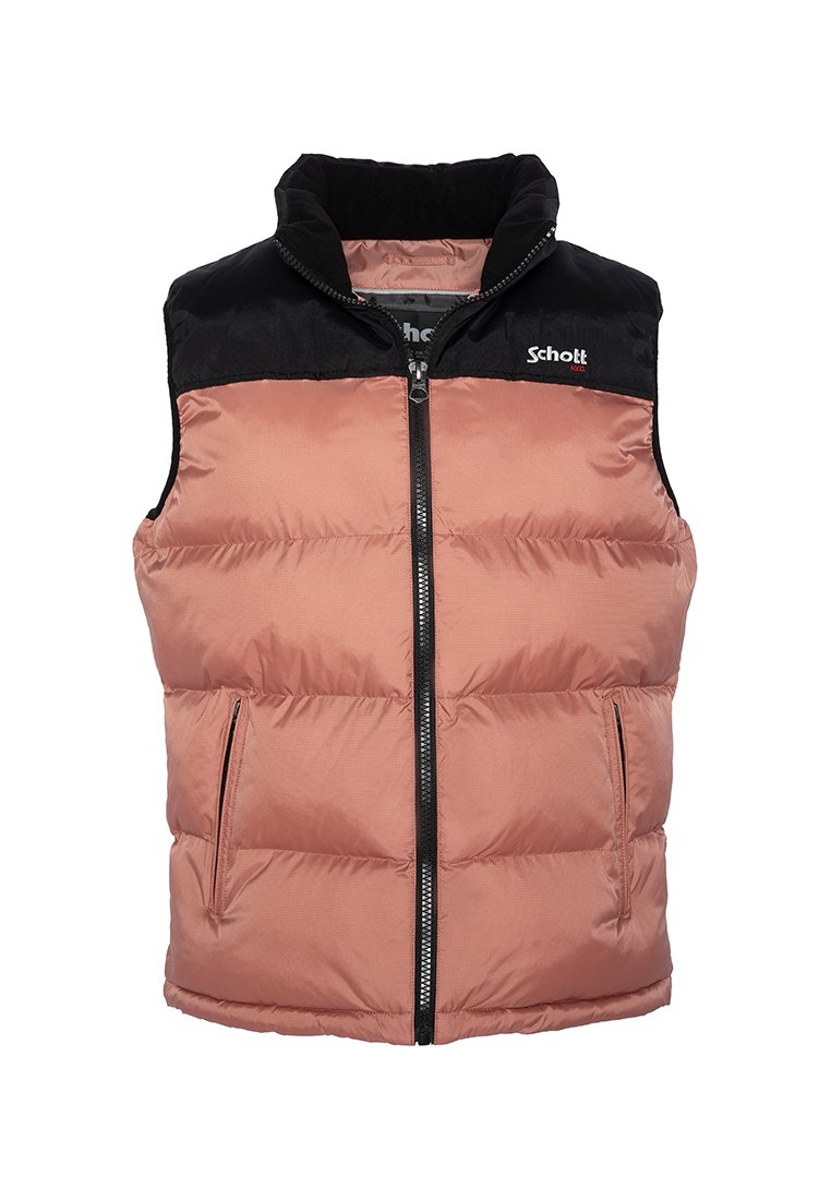Ärmellose Steppweste in staubigem Rosa mit schwarzen Schulterpaneelen, Frontreißverschluss, Reißverschlusstaschen und "Schott"-Logo auf der Brust.