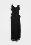Schwarzes Maxikleid mit dünnen Trägern, ausgestattet mit einem tiefen V-Ausschnitt und Rüschendetails entlang der Vorder- und Seitenpartie, aus leichtem Stoff gefertigt.