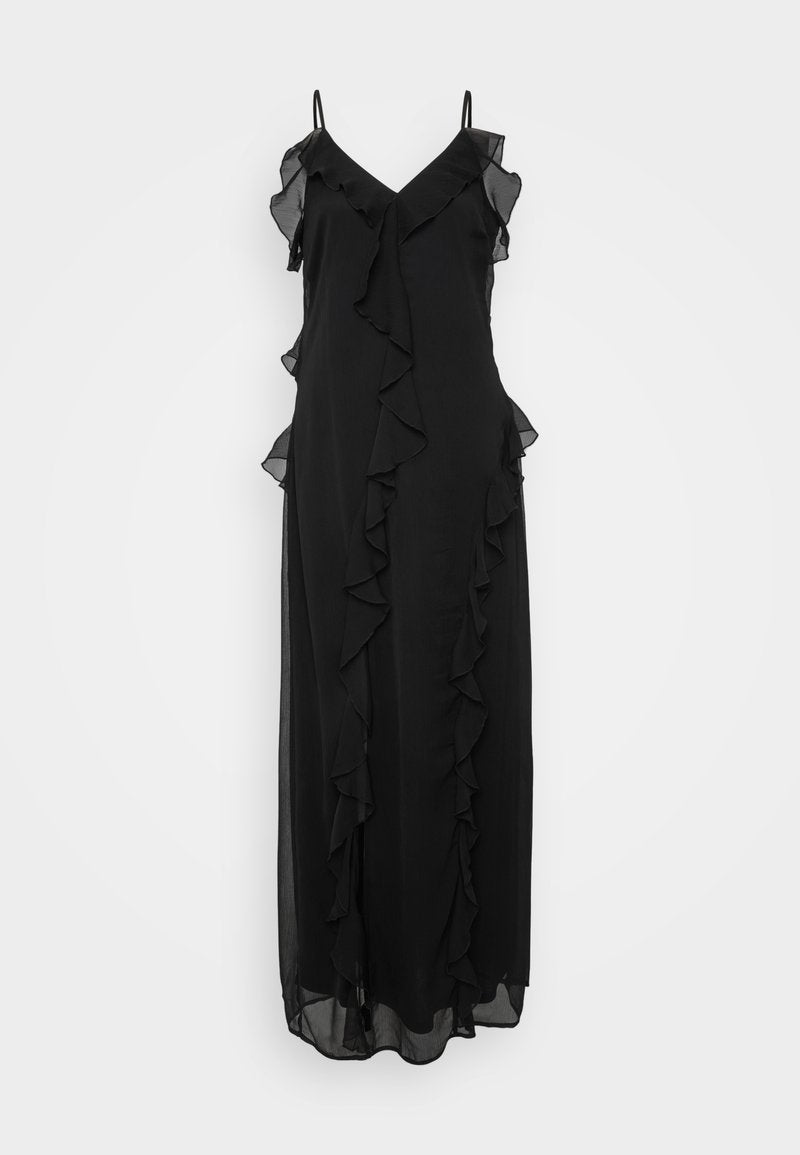 Schwarzes Maxikleid mit dünnen Trägern, ausgestattet mit einem tiefen V-Ausschnitt und Rüschendetails entlang der Vorder- und Seitenpartie, aus leichtem Stoff gefertigt.