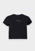 Schwarzes Baumwoll-T-Shirt mit kurzen Ärmeln, rundem Halsausschnitt und taillierter Form. Mit einem Strassdesign, das "HUG" auf der Vorderseite schreibt.