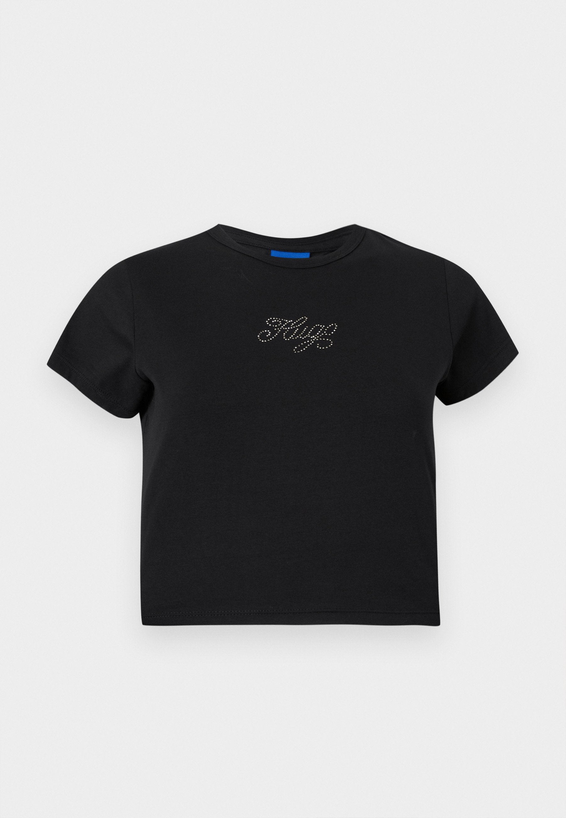 Schwarzes Baumwoll-T-Shirt mit kurzen Ärmeln, rundem Halsausschnitt und taillierter Form. Mit einem Strassdesign, das "HUG" auf der Vorderseite schreibt.