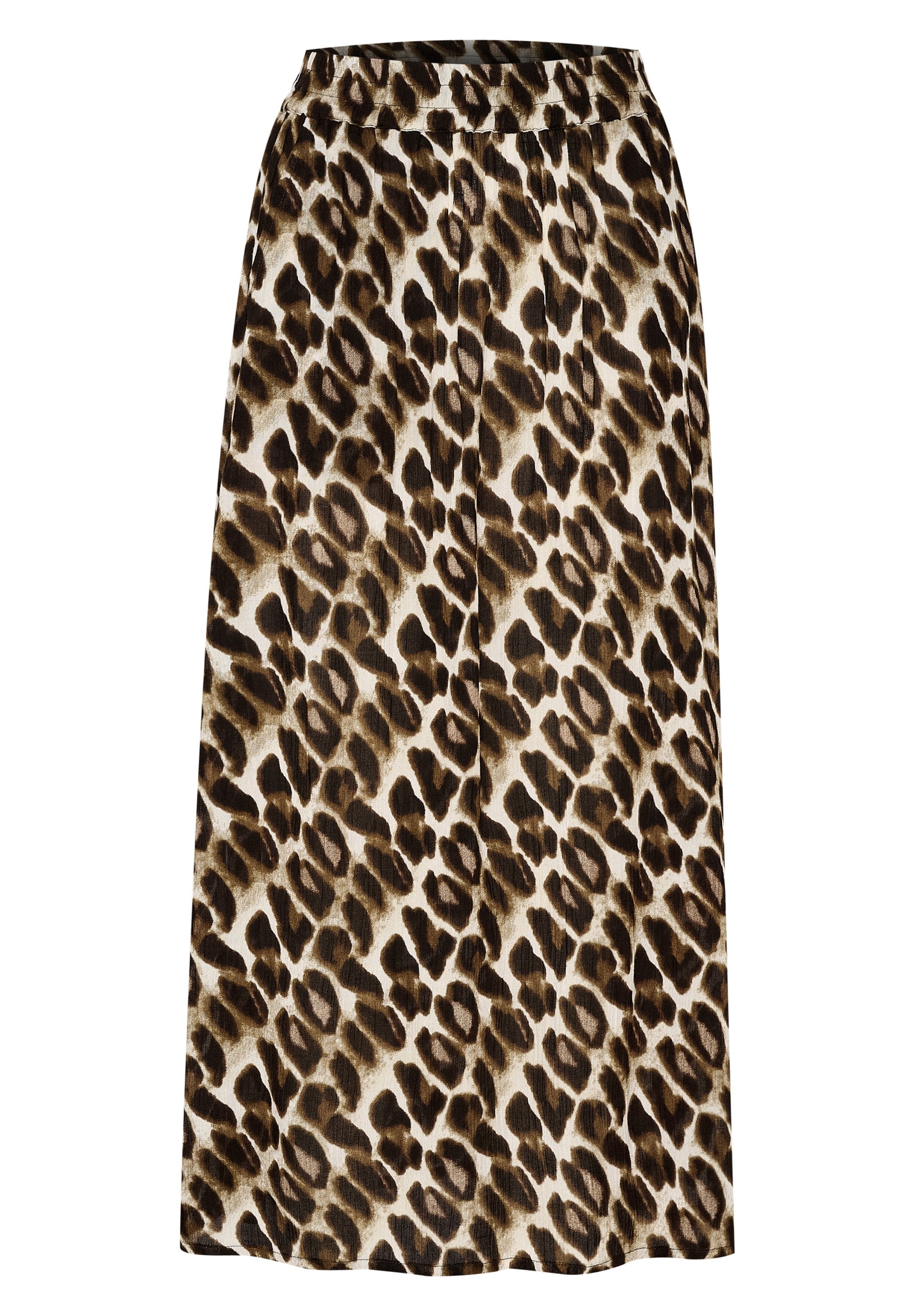 Leopardenmuster Midi-Rock mit plissiertem Design, elastischem Taillenbund und leichtem Stoff in Brauntönen und Creme.