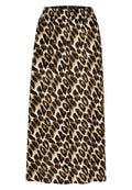 Leopardenmuster Midi-Rock mit plissiertem Design, elastischem Taillenbund und leichtem Stoff in Brauntönen und Creme.
