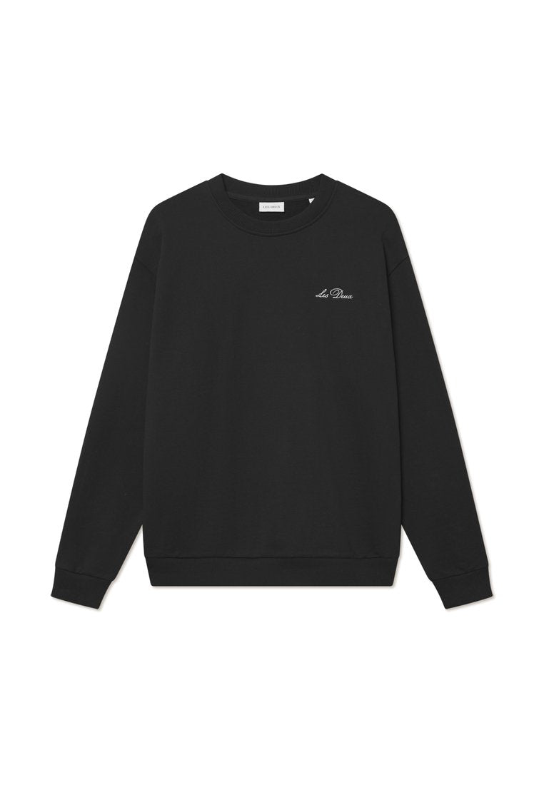 Schwarzer Sweatshirt mit langen Ärmeln, gerippten Bündchen und Saum, Rundhalsausschnitt, mit einem dezenten weißen gestickten Logo auf der Brust. Weiche Stofftextur.