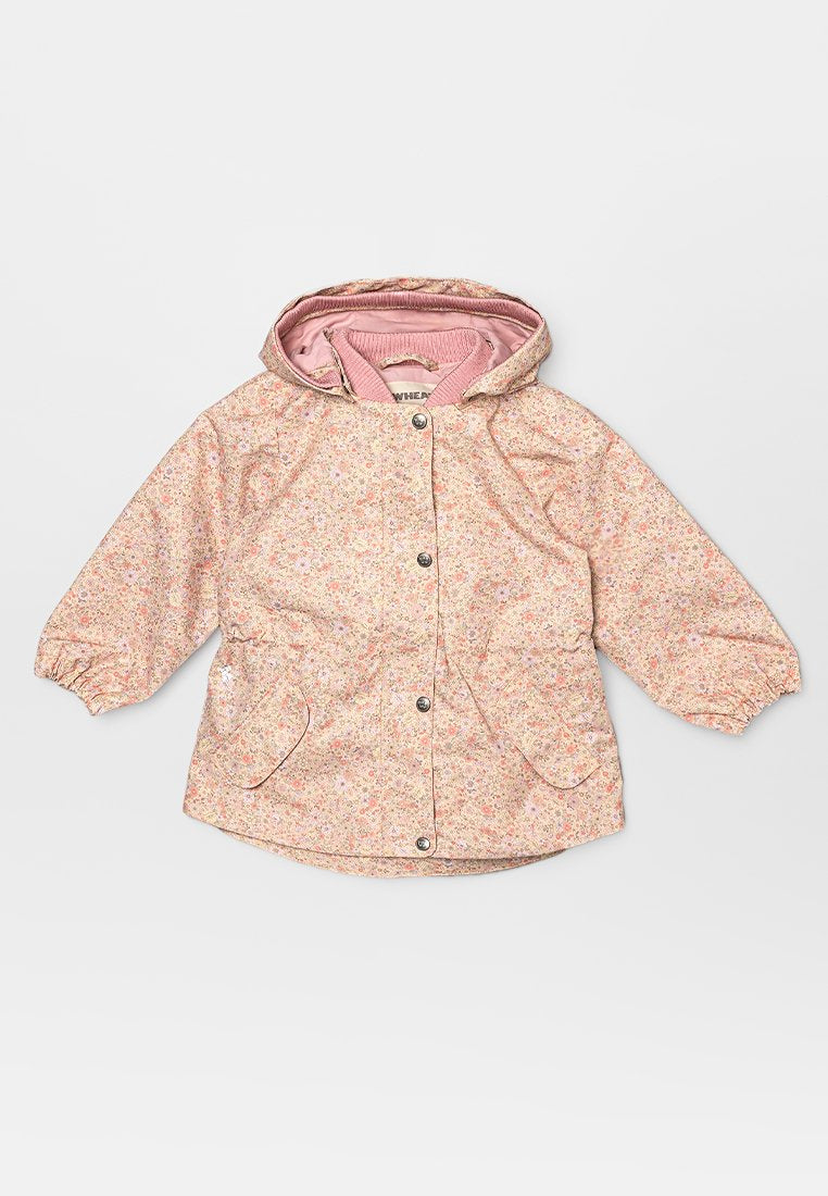 Floralprintjacke in Hellrosa mit Kapuze, Druckknopfverschluss, elastischen Bündchen und zwei Seitentaschen. Gefüttert mit einem kontrastierenden pinken Innenfutter.