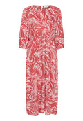 Rotes Midi-Kleid mit weißem Wirbelmuster, runder Ausschnitt, dreiviertellange Ärmel und Bindegürtel. Leichtes Gewebe mit glatter Textur.