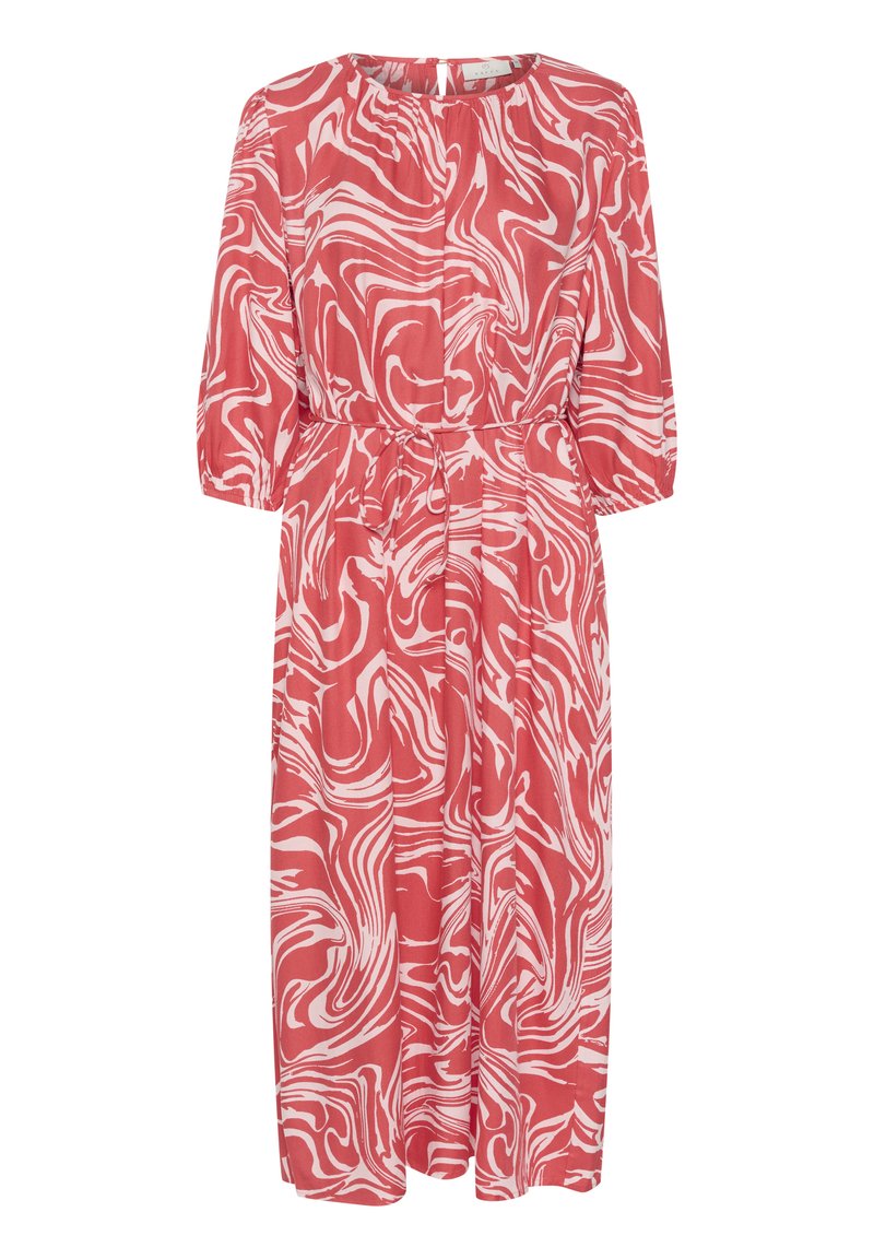 Rotes Midi-Kleid mit weißem Wirbelmuster, runder Ausschnitt, dreiviertellange Ärmel und Bindegürtel. Leichtes Gewebe mit glatter Textur.