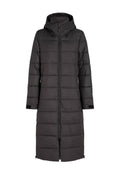 Schwarze gepolsterte Parka-Jacke mit Kapuze, langes Design, Frontreißverschluss, seitliche Taschen und elastische Bündchen für zusätzliche Wärme.