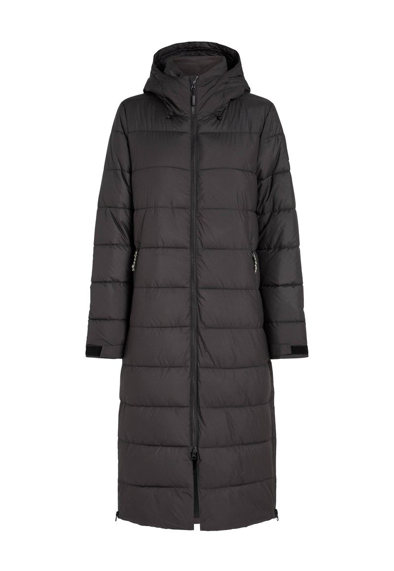 Schwarze gepolsterte Parka-Jacke mit Kapuze, langes Design, Frontreißverschluss, seitliche Taschen und elastische Bündchen für zusätzliche Wärme.