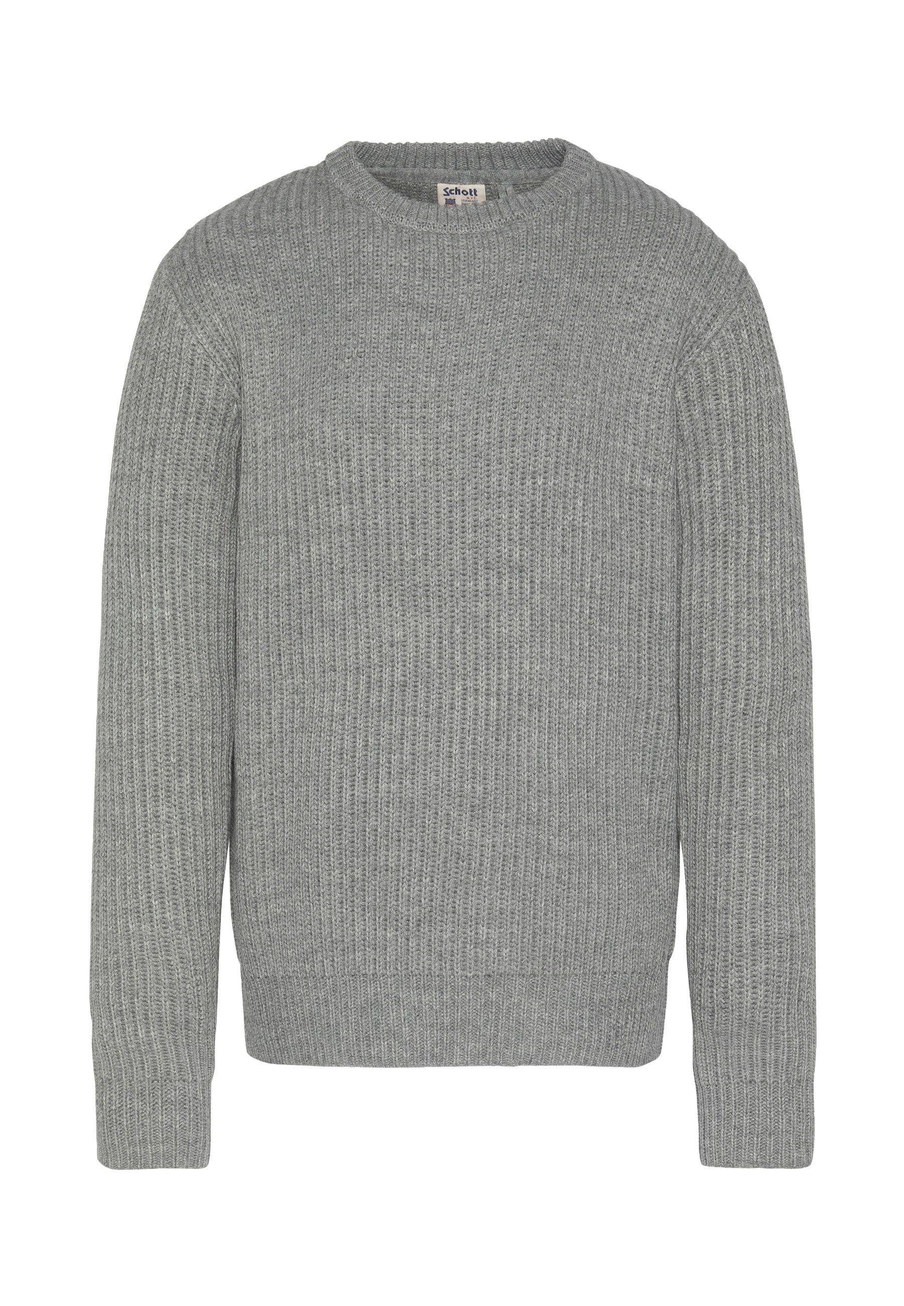 Grauer Strickpullover mit rundem Ausschnitt, gerippter Struktur, langen Ärmeln und engem Saum. Hergestellt aus einem weichen, leichten Stoff.