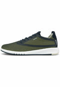 Herren-Sneaker mit einem Obermaterial aus schwarzem Mesh und gelben Akzenten, einer weißen Gummisohle und einem schlanken, streamlined Design für Komfort.