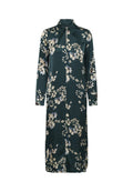 Langärmliges, blumiges Kleid in Grün mit blauen und cremefarbenen Blumen, mit einem kragenförmigen Ausschnitt und geradem Schnitt. Geeignet für verschiedene Anlässe.