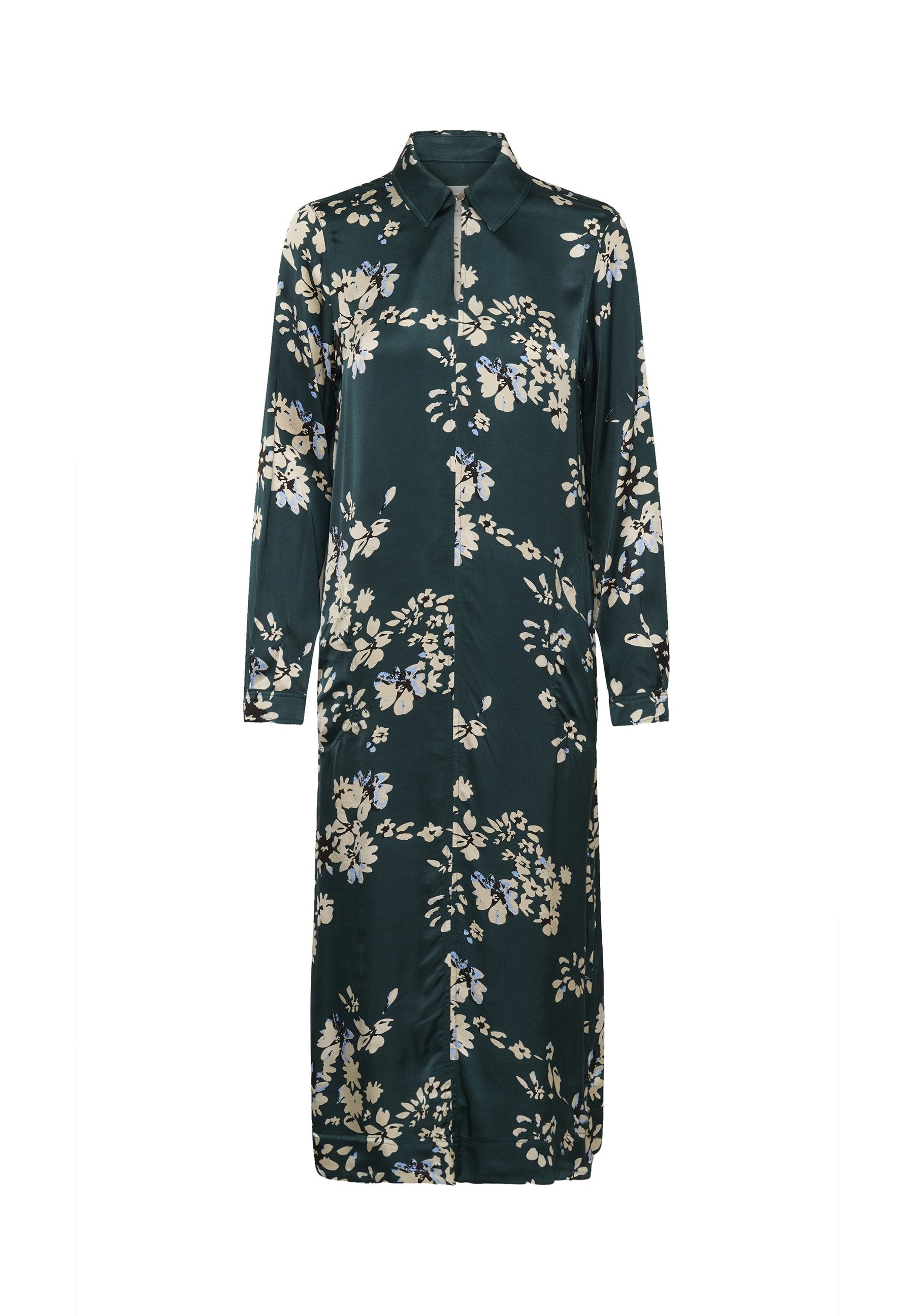 Langärmliges, blumiges Kleid in Grün mit blauen und cremefarbenen Blumen, mit einem kragenförmigen Ausschnitt und geradem Schnitt. Geeignet für verschiedene Anlässe.