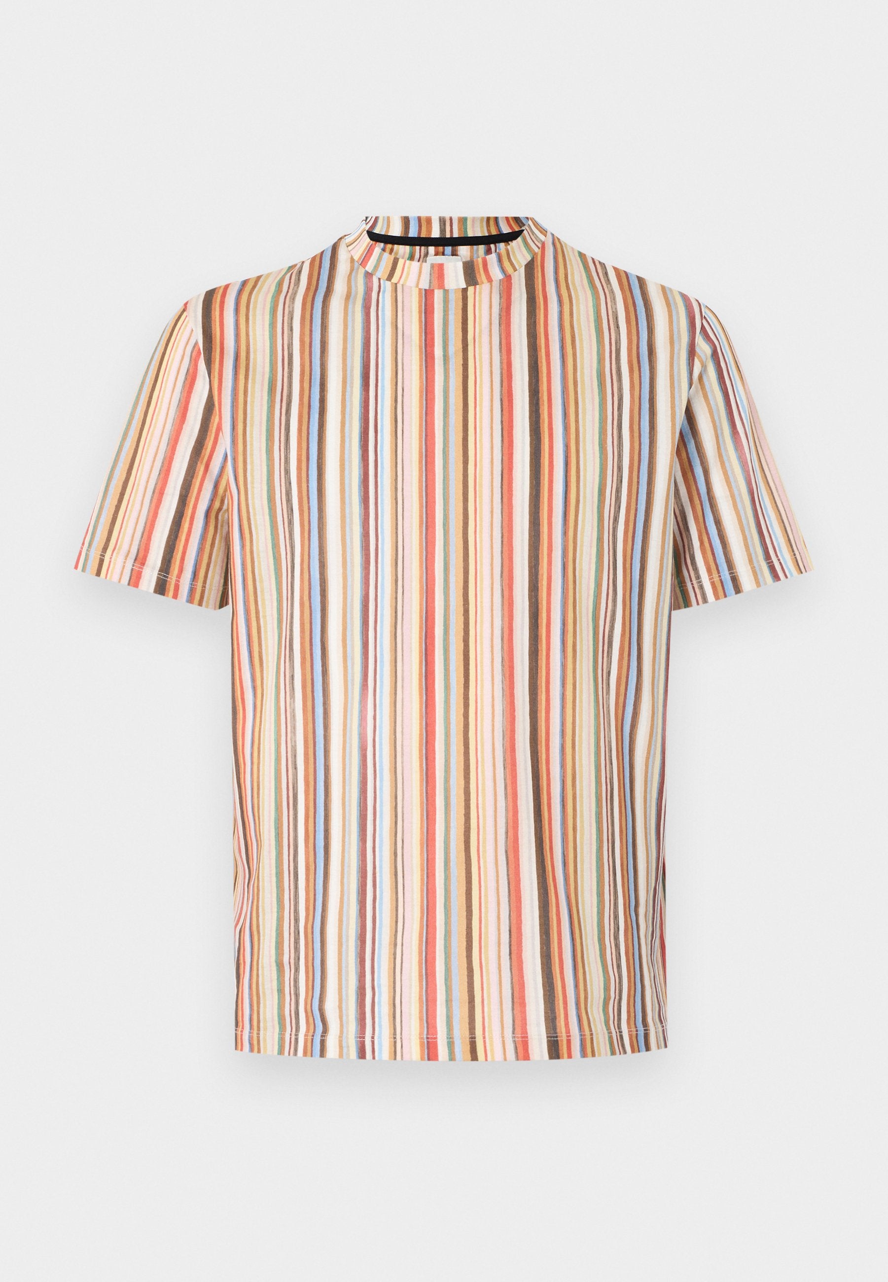 Kurzärmeliges T-Shirt mit Rundhalsausschnitt und vertikalen, mehrfarbigen Streifen in Orange, Blau, Braun und Weiß auf hellem Hintergrund.