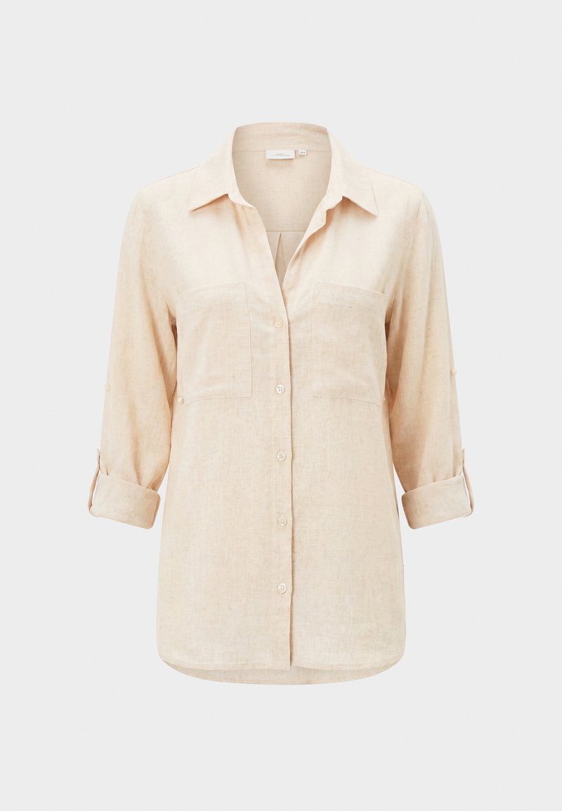 Beige langärmliges Hemd mit Kragen, zwei Brusttaschen und hochgekrempelten Ärmeln.