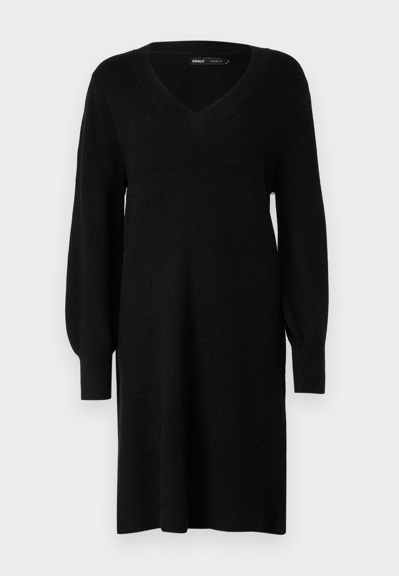 Schwarzes Strickkleid mit V-Ausschnitt, langen Ballonärmeln und gerippten Bündchen. Das Design ist gerade geschnitten und besteht aus einem strukturierten Stoff.