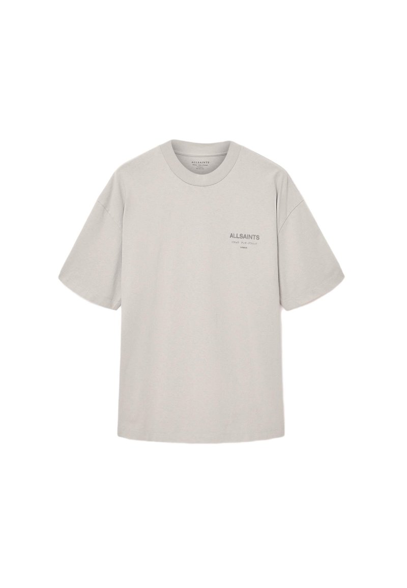 Graues Kurzarm-T-Shirt aus Baumwolle. Mit Rundhalsausschnitt und einem kleinen, dunkelgrauen Logo auf der Brust. Lockere Passform.