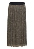 Metallisch plissierter Rock mit einem schwarzen elastischen Bund, der schimmernde graue und goldene Texturen im gesamten Stoff aufweist.