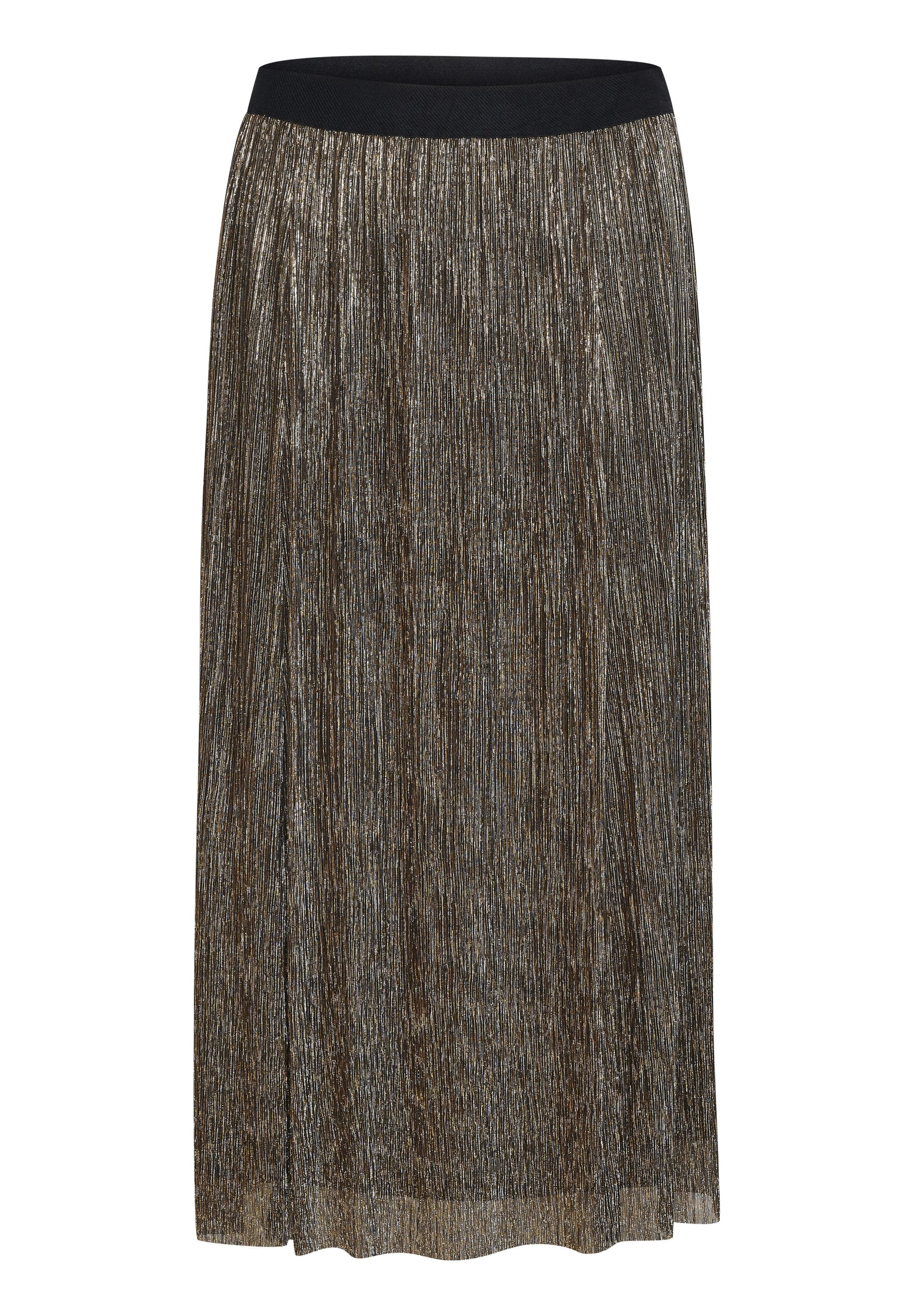 Metallisch plissierter Rock mit einem schwarzen elastischen Bund, der schimmernde graue und goldene Texturen im gesamten Stoff aufweist.