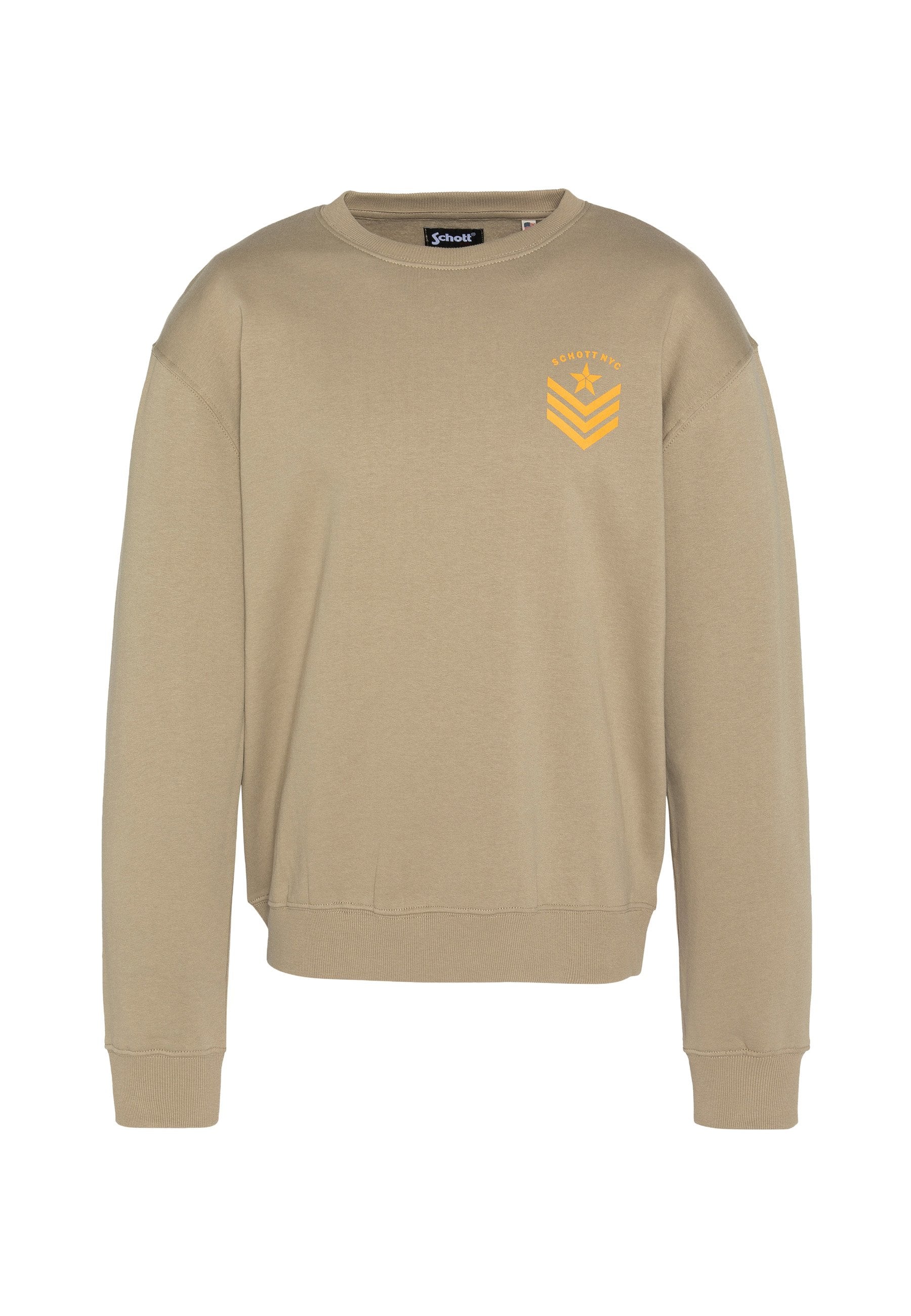 Beige Sweatshirt mit Rundhalsausschnitt, gerippten Bündchen und Saum. Mit einem orangen Stern- und Chevron-Motiv auf der Brust. Weicher, legerer Stoff.