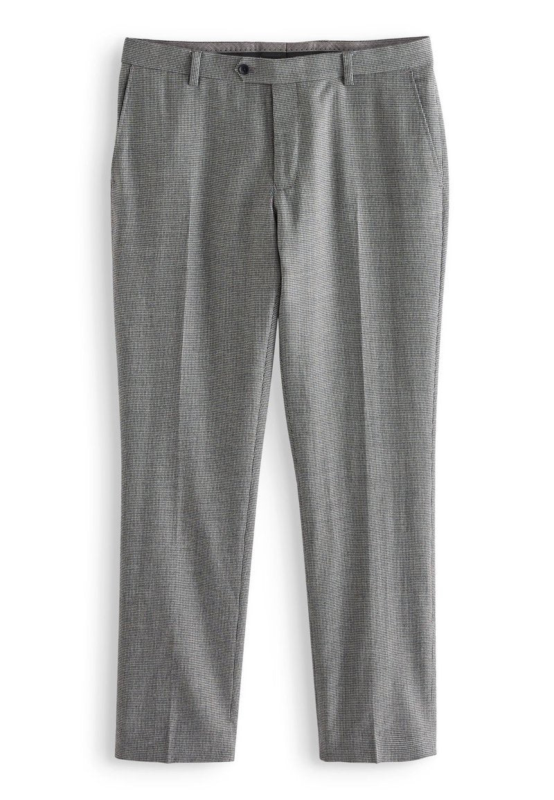 Grau zugeschnittene Hose mit dezentem Karomuster, mit Vorderentaschen, Gürtelschlaufen, Knopfverschluss und schmal geradem Bein.