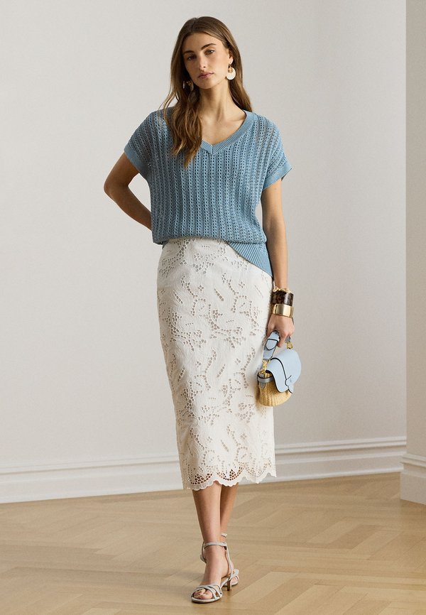 Lauren Ralph Lauren PAISLEY-EYELET COTTON MIDI PENCIL SKIRT