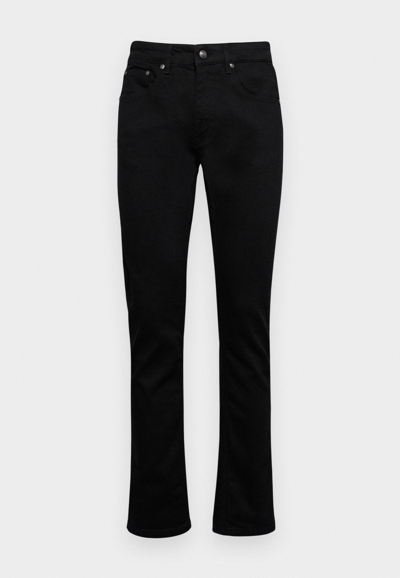 Schwarze Denim-Jeans mit geradem Bein, fünf Taschen und Metallbeschlägen. Glatte Textur, keine sichtbaren Muster.