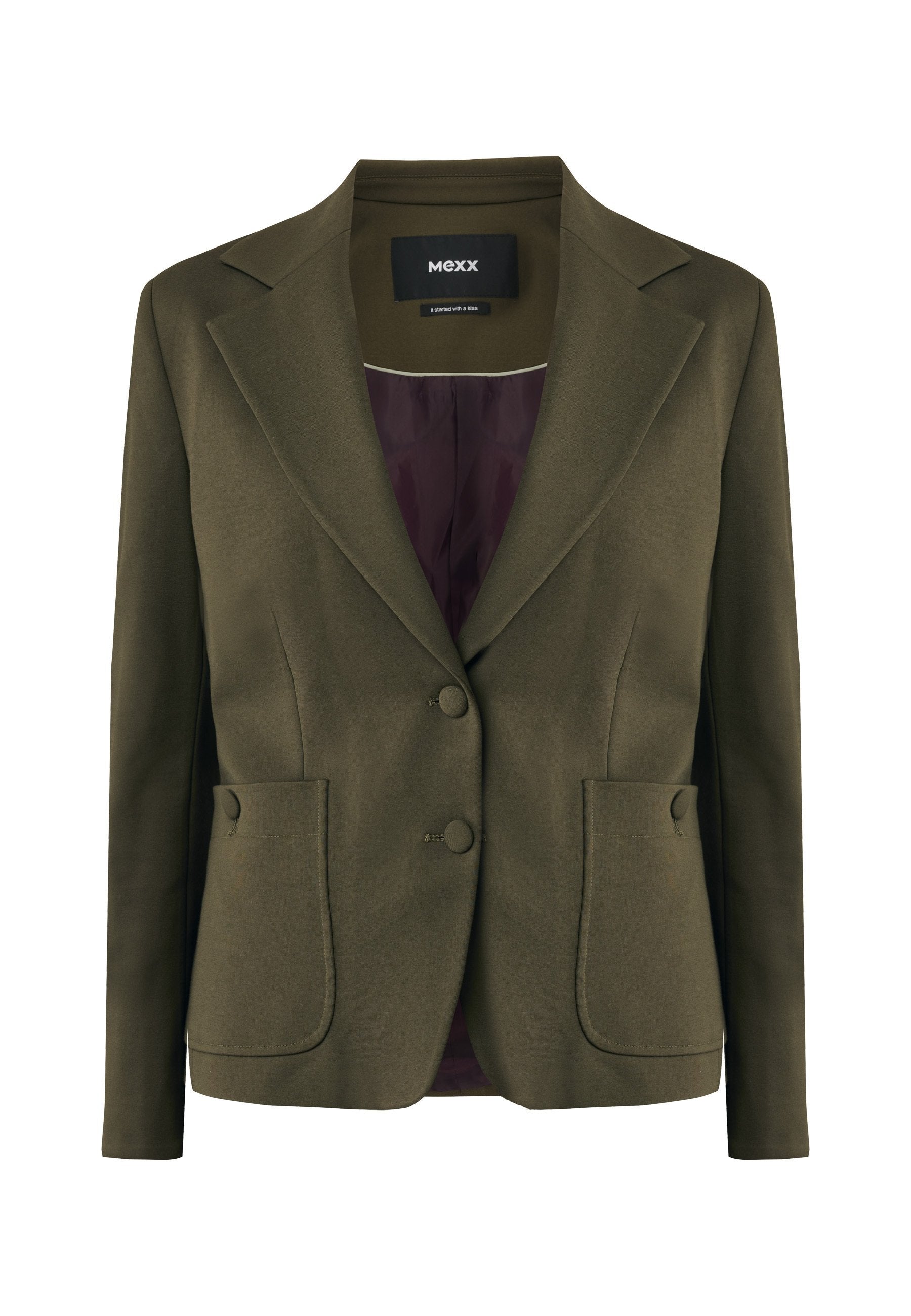 Olivgrüner, taillierter Blazer mit zwei Fronttaschen, zwei Knöpfen und einem satinierten Innenfutter in Burgunderrot. Mit Reverskragen und maßgeschneidertem Design.