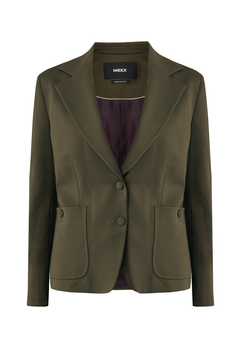 Olivgrüner, taillierter Blazer mit zwei Fronttaschen, zwei Knöpfen und einem satinierten Innenfutter in Burgunderrot. Mit Reverskragen und maßgeschneidertem Design.