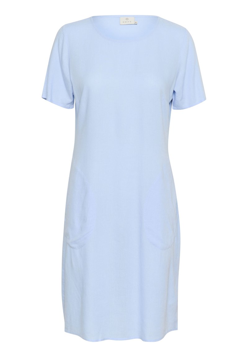 Hellblaues Kurzarmkleid mit Rundhalsausschnitt, zwei seitlichen Taschen und einer weichen, glatten Textur. Schlichte A-Linien-Silhouette.