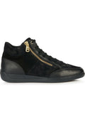 Schwarze High-Top-Sneaker mit einem Obermaterial aus glattem Leder und Wildleder. Mit einem goldenen Reißverschluss-Akzent und schwarzen Schnürsenkeln. Strukturiertes Profil für besseren Halt.