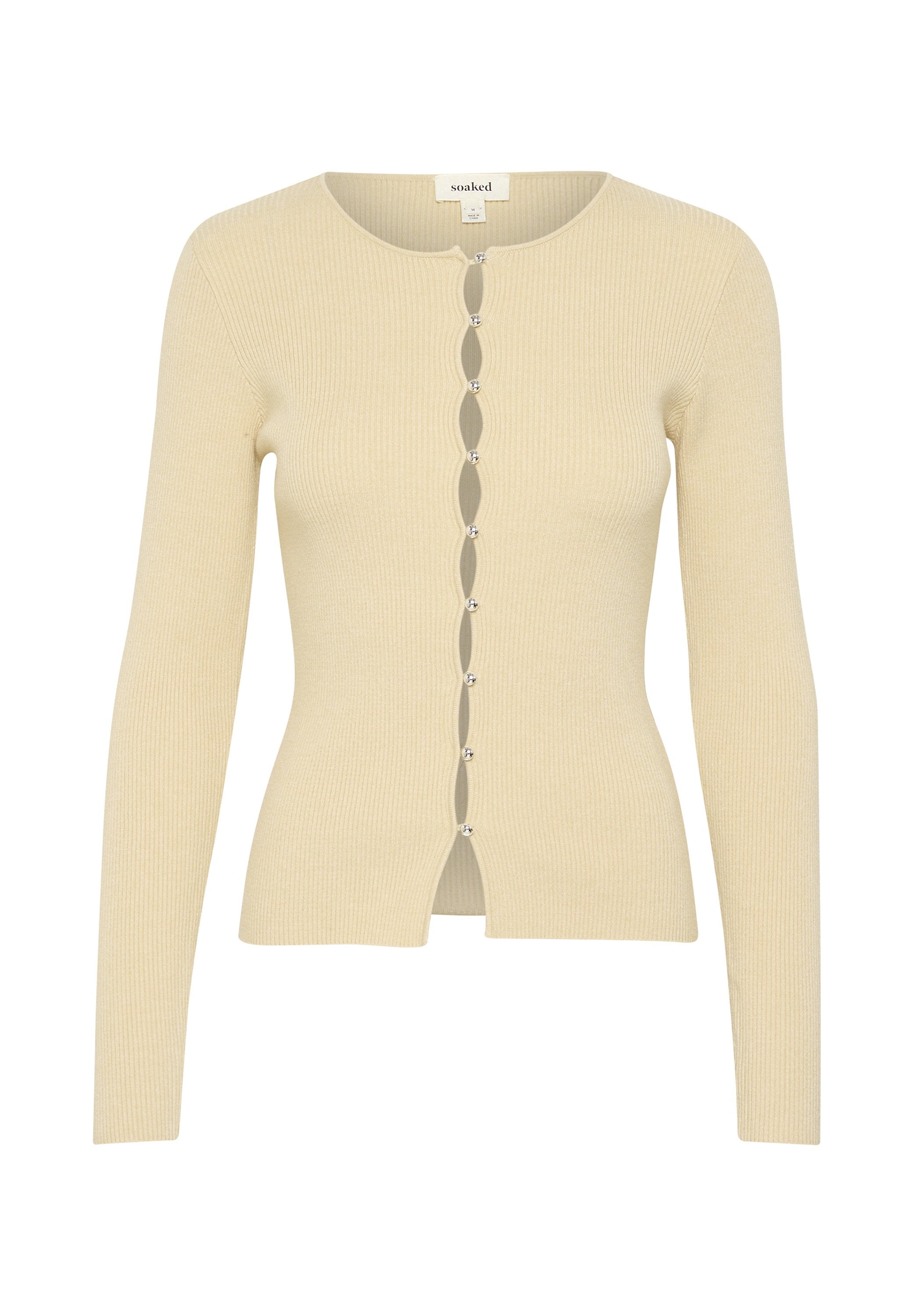 Rippstrick-Cardigan in hellbeige mit langen Ärmeln, runder Halsauschnitt und dekorativen Knöpfen auf der Vorderseite. Glatte Textur.