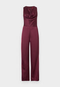 Bordeauxfarbener Jumpsuit mit einem Schlauchkragen, weitem Bein und einer Schlüssellochöffnung im Rücken, die mit einem Band gesichert ist. Hergestellt aus glattem, glänzendem Stoff.