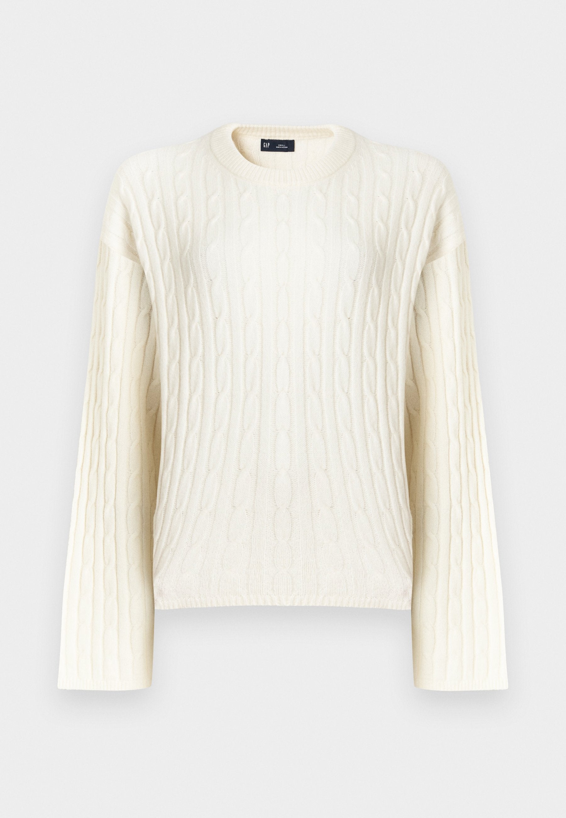 Cremefarbener Pullover mit Zopfmuster, langen Ärmeln, rundem Ausschnitt und einer strukturierten Oberfläche. Hergestellt aus weichem, gewebtem Stoff.