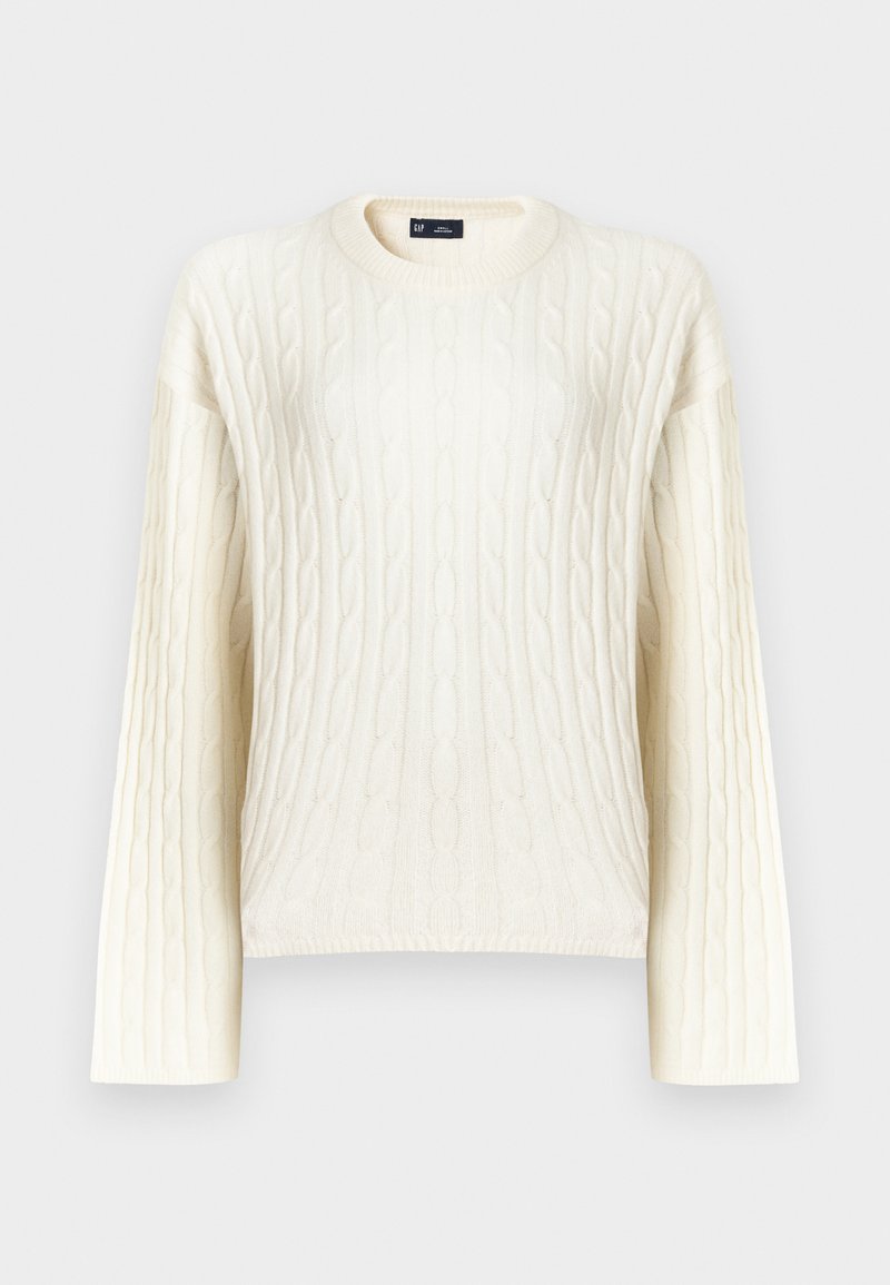 Cremefarbener Pullover mit Zopfmuster, langen Ärmeln, rundem Ausschnitt und einer strukturierten Oberfläche. Hergestellt aus weichem, gewebtem Stoff.