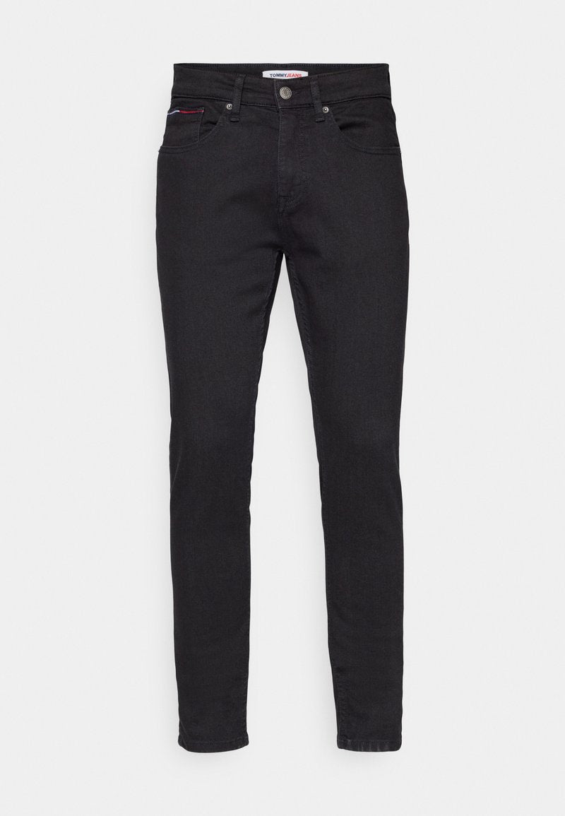 Schwarze Jeans aus Denim mit schmaler Passform, fünf Taschen und dezenten roten und weißen Akzenten an der Vorderkante der Tasche.