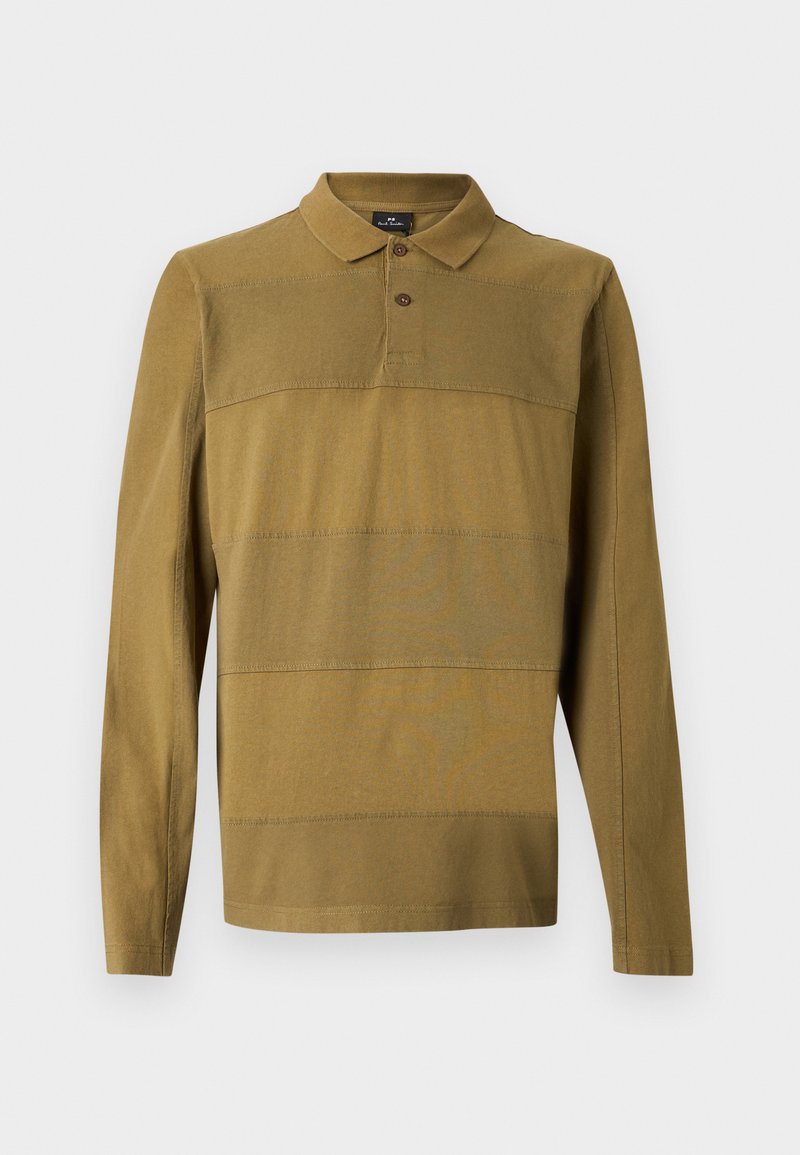 Langärmeliges, olivgrünes Poloshirt mit zwei-Knopf-Kragenleiste und dezenten horizontalen Nähdetails.